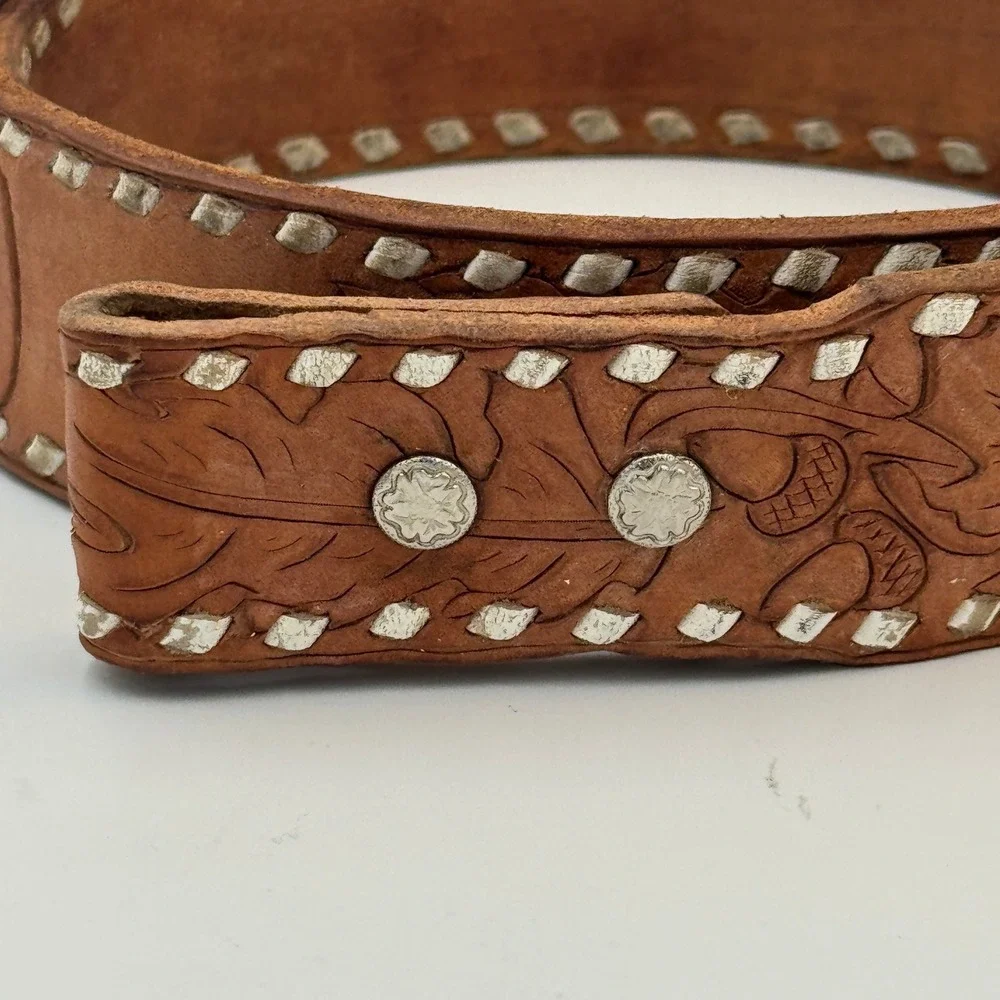 Custom Tooled Leather Belt David Personalized Buckstitch Western Tan Brown‎